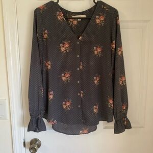 LOFT Floral Long Sleeve Button Up Blouse - Black and Pink
